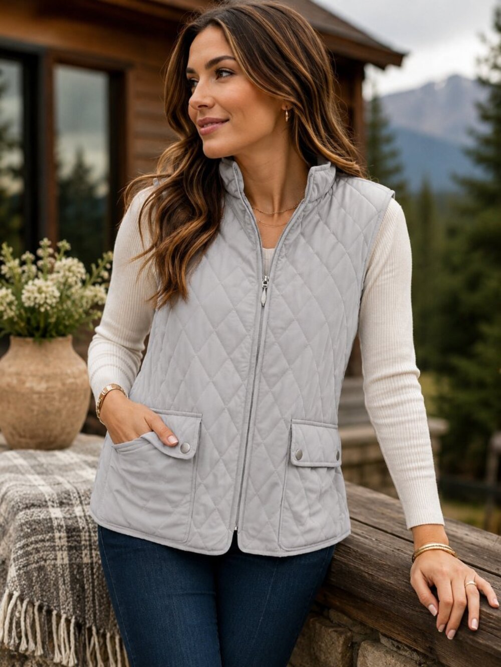Appleseed’s Petites Lightweight Light Gray Diamond Quilted Zip Vest PL NEW - Picture 6 of 15